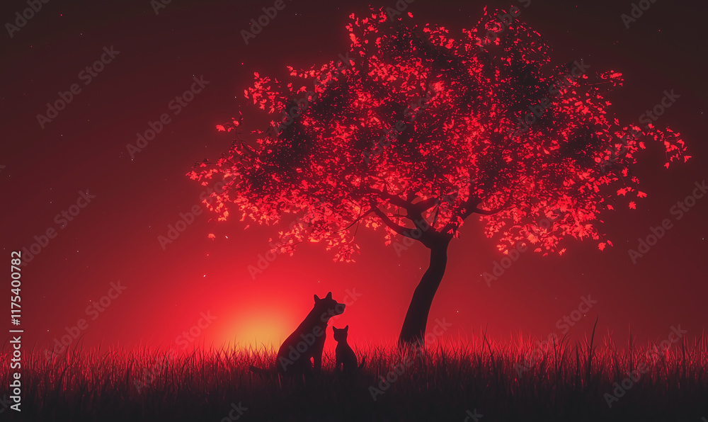 Two silhouettes of dogs sit under a vivid red tree against a glowing sunset background, creating a serene and artistic atmosphere. Two silhouettes of dogs sit under a vivid red tree against a glowing sunset background, creating a serene and artistic atmosphere.