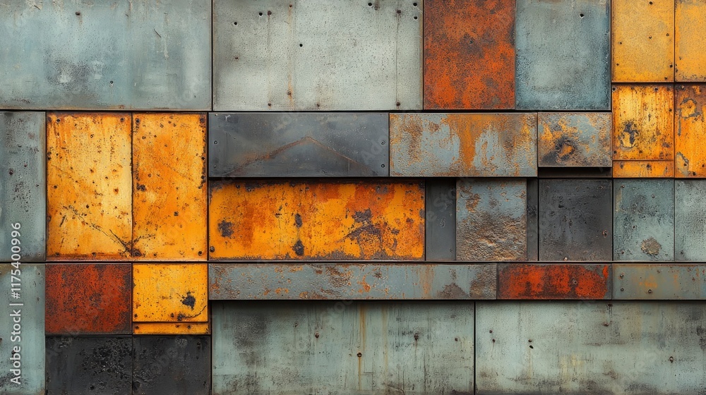 Mixed material facade combining weathered steel, glass, and concrete panels Mixed material facade combining weathered steel, glass, and concrete panels