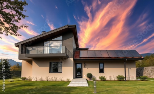 Casa moderna a due piani con ampie finestre e pannelli solari innovative solar panel innovation power electricity energy technology panel renewable photo