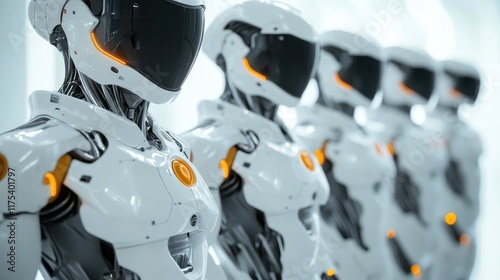 Wallpaper Mural A lineup of humanoid robots with sleek white exoskeletons, glowing orange accents, and black visors. Torontodigital.ca