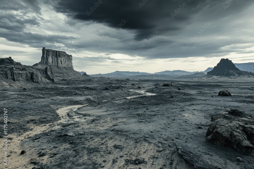 Fototapeta premium Dramatic Landscape of a Stark Desert under Ominous Clouds