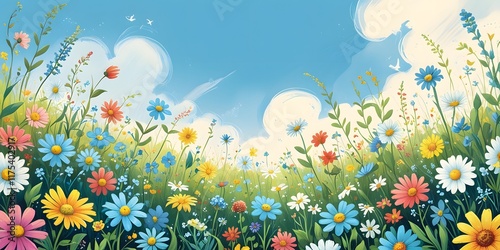 Children's book flat lay illustration with a blooming flowers field. Spring meadow with wildflowers. Panoramic flat banner with summer nature landscape with copy space. Concept design for kids room