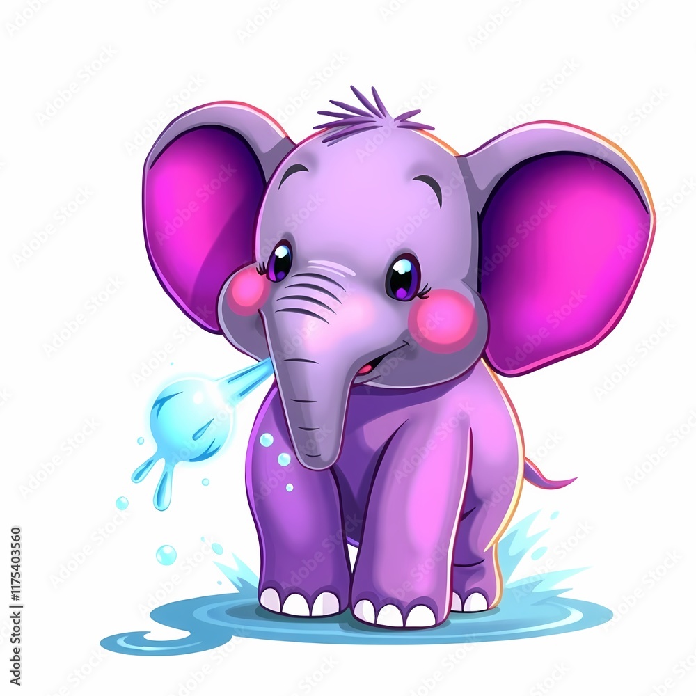 Fototapeta premium Playful Purple Elephant: A cheerful cartoon elephant with vibrant purple fur, pink ears, and sparkling eyes, joyfully splashes in a puddle, capturing the innocent charm of childhood.