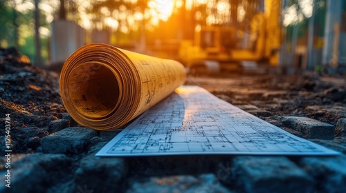 Construction site scene, towering crane, stacked materials, detailed project plan unfolded, bustling activity, urban development in progress photo