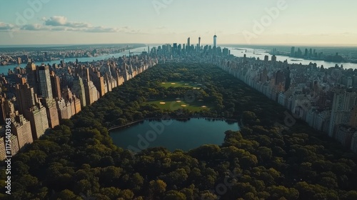 Wallpaper Mural Aerial view of Central Park, NYC, showing skyscrapers, greenery, and water features at sunset. Torontodigital.ca