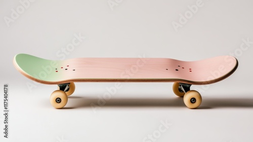 A stylish skateboard featuring a pastel-colored deck with a split pink and green design, set against a neutral background, epitomizing youth and creativity. photo