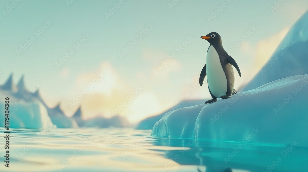 Obraz premium A penguin standing on an ice floe, with a gradient blue-to-white background