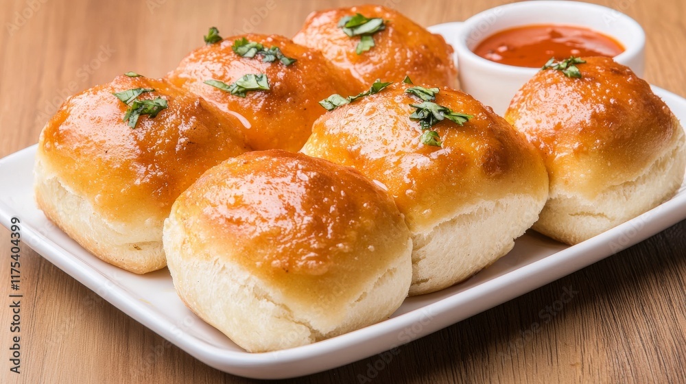 Soft Butter Rolls Topped with Herbs and Served with Spicy Sauce on a Wooden Table Setting Soft Butter Rolls Topped with Herbs and Served with Spicy Sauce on a Wooden Table Setting