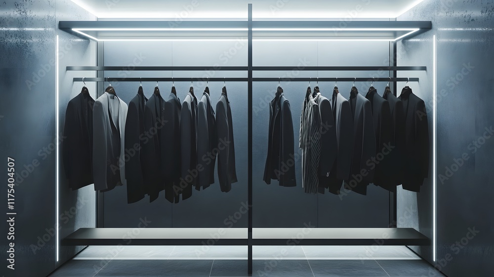 Modern Minimalist Wardrobe With Dark Suits Hanging Modern Minimalist Wardrobe With Dark Suits Hanging