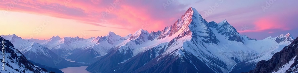 Obraz premium Soft pink hues gently unfold over the glacier-covered Bernina Massif at sunrise, landscape, swiss, massif