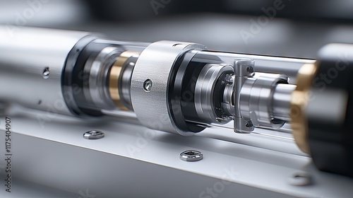 Precision engineered cylindrical device with intricate internal mechanisms encased in transparent housing. Ideal for industrial automation or robotics applications. photo