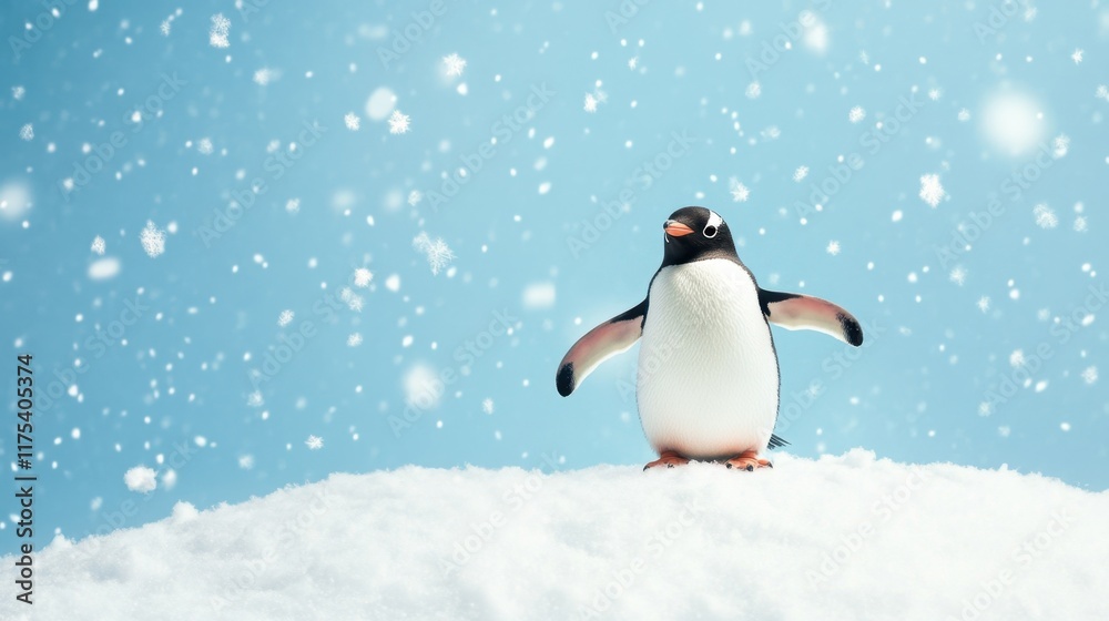 Fototapeta premium A penguin standing under falling snowflakes on a winter sky blue background