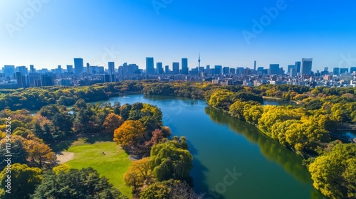 Aerial view of city park with lake and autumn foliage, cityscape in background.