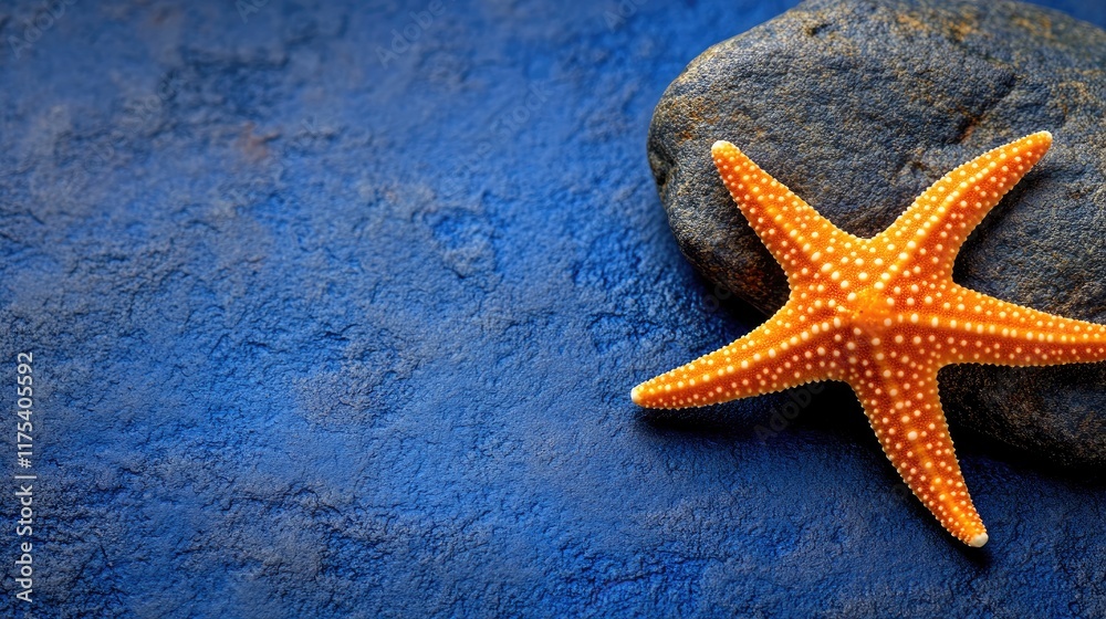 An orange starfish rests on a dark gray stone against a vibrant blue backdrop. Ideal for ocean-themed designs travel blogs or nature photography projects. An orange starfish rests on a dark gray stone against a vibrant blue backdrop. Ideal for ocean-themed designs travel blogs or nature photography projects.