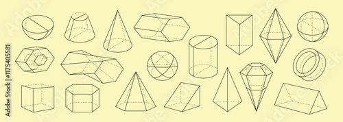 3D Geometric linear shapes set. Volumetric figures and obkects pack. Pyramid, cube and sphere. Crystal and diamond, gemstone. Outline vector collection isolated on white background