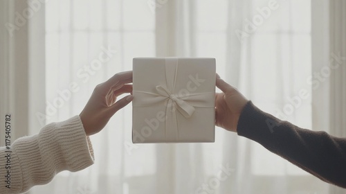 A Gift Exchange: Two hands delicately exchange a pristine white gift box, elegantly tied with a ribbon, symbolizing generosity and care.
