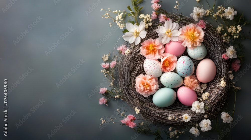 Obraz premium Pastel Easter eggs nestled in a bird's nest, adorned with delicate spring flowers.