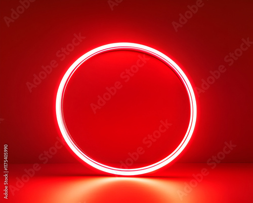 A single, glowing, circular neon light emitting a soft hue against a rich red background, creating a captivating visual effect.