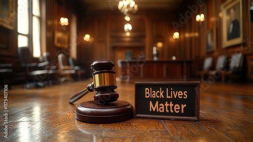 Justice in Action, a courtroom scene with a gavel and a Black Lives Matter sign emphasizing the ongoing fight for equality and justice photo