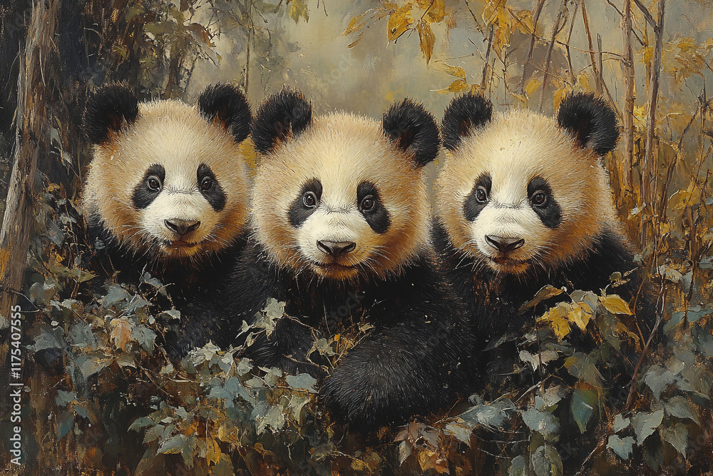 Obraz premium Three Panda Cubs Nestled In Autumn Foliage