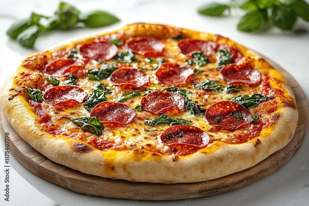 delicious pepperoni pizza isolated on a white background showcasing a perfectly baked crust melted cheese and vibrant toppings emphasizing the appetizing qualities of this classic dish delicious pepperoni pizza isolated on a white background showcasing a perfectly baked crust melted cheese and vibrant toppings emphasizing the appetizing qualities of this classic dish