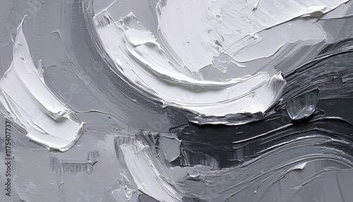 Abstract gray and white textured artwork displaying fluid movement and depth in modern artistic expression