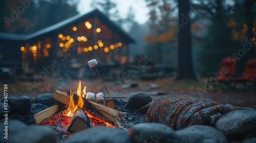 Cozy evening by the fire pit, roasting marshmallows, warm blanket enveloping shoulders, inviting atmosphere of togetherness photo