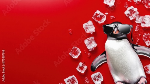 A penguin wearing sunglasses on a bold red background with ice cubes scattered around