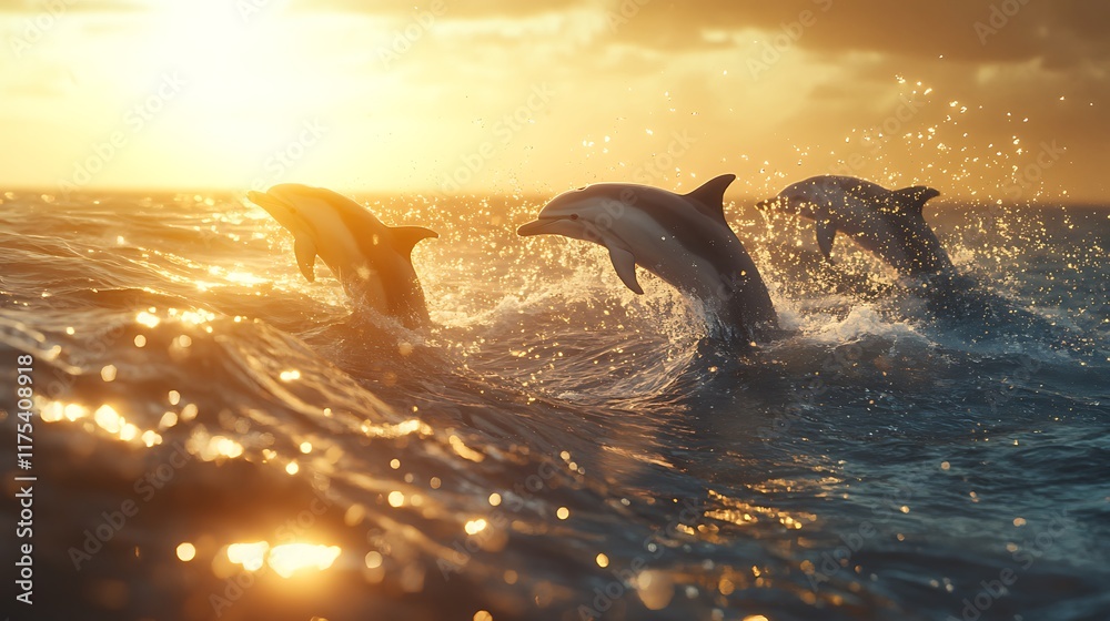 Fototapeta premium Golden Hour Dolphins: Oceanic Ballet at Sunset