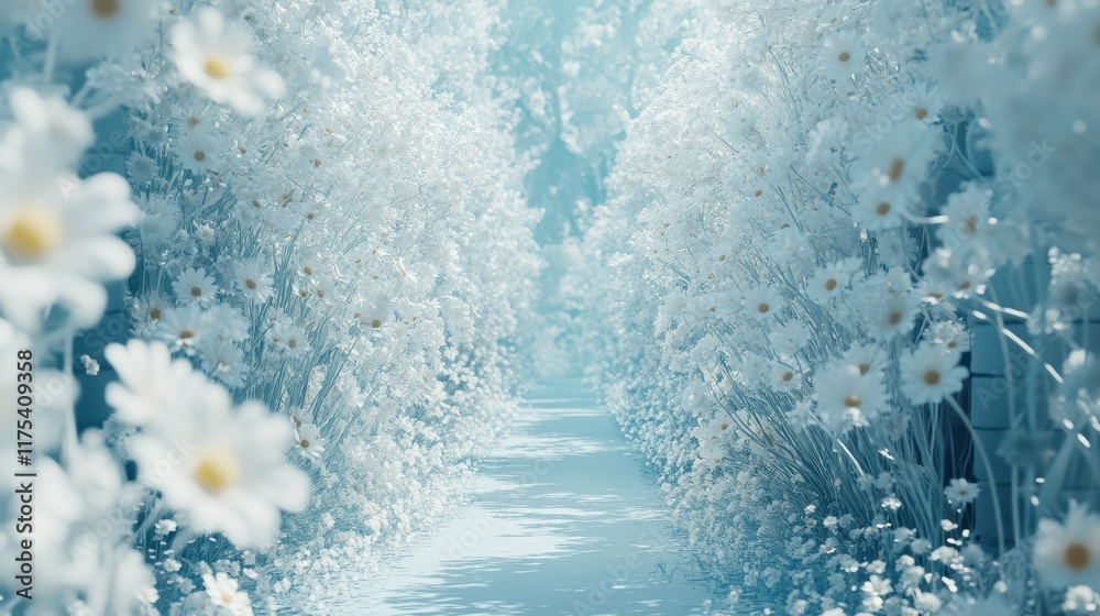 Fototapeta premium A picturesque lane surrounded by delicate daisies on both sides, under a serene baby blue background