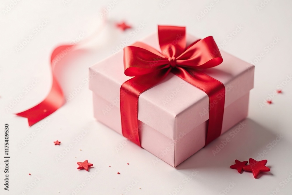 Obraz premium Simple gift box wrapped in red ribbon on white background, paper, elegant, wrapping