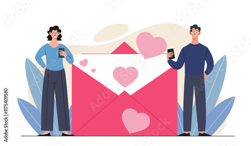 Couple near love letter. Man and woman near envelope with letter. Romantic correspondence. Love, romance and passion. Distance communication and interaction. Flat vector illustration
