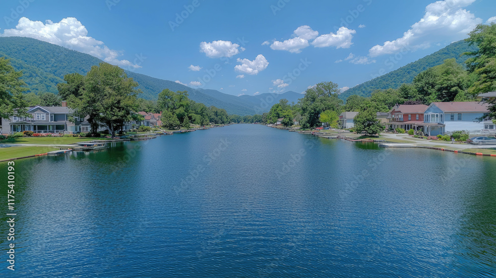 Serene Lake Houses nestled in Mountains: Breathtaking Summer Landscape View