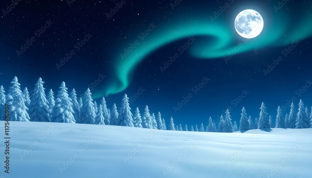 Naklejka premium Magical Winter Night with Northern Lights and Full Moon