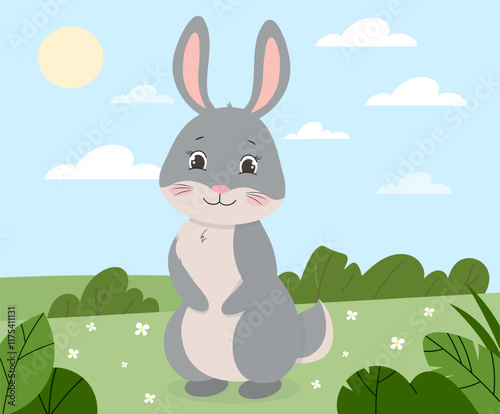 Rabbit at lawn. Cute wild animal sitting outdoors. Forest dweller in sunny spring or summer day. Pet on nature. Cheerful grey hare. Fauna and wildlife. Flat vector illustration