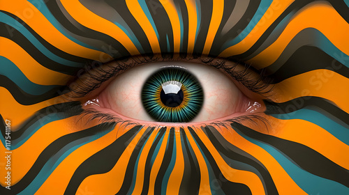 Intricate optical art design featuring a detailed eye surrounded by bold orange and black swirling patterns
