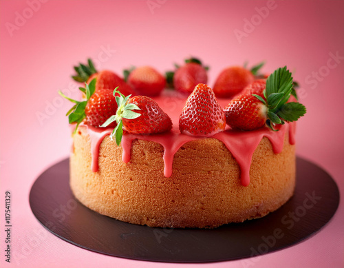 delicious strawberry cake on wood background