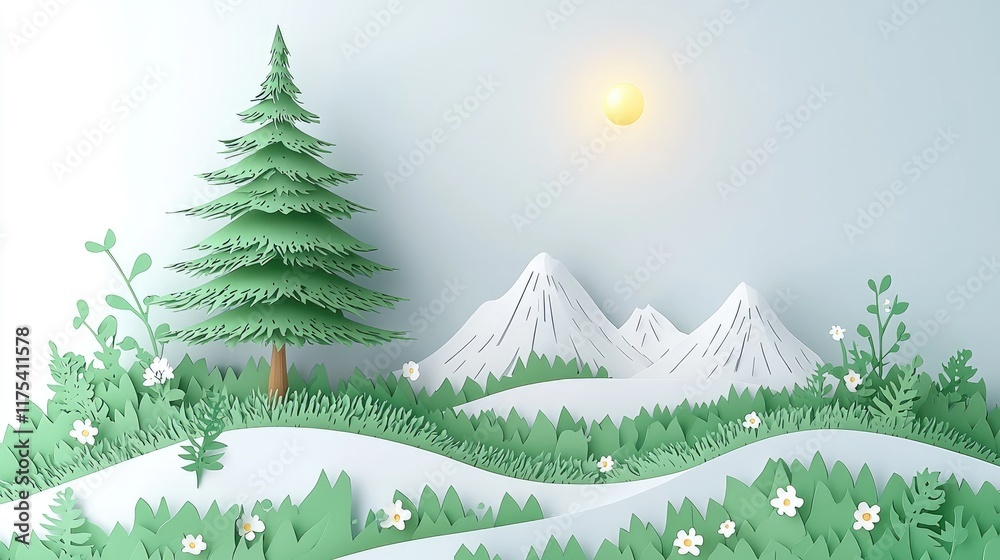 Serene Paper Art Landscape: Mountains, Trees, and Flowers in a Tranquil Scene Serene Paper Art Landscape: Mountains, Trees, and Flowers in a Tranquil Scene