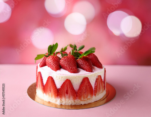 delicious strawberry cake on wood background