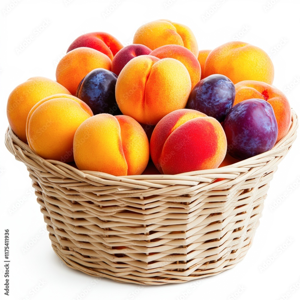 A vibrant basket overflowing with fresh peaches and plums, perfect for depicting healthy eating, summer themes, or dessert preparation, Ideal for food blogs, cookbooks, and promotional materials, A vibrant basket overflowing with fresh peaches and plums, perfect for depicting healthy eating, summer themes, or dessert preparation, Ideal for food blogs, cookbooks, and promotional materials,