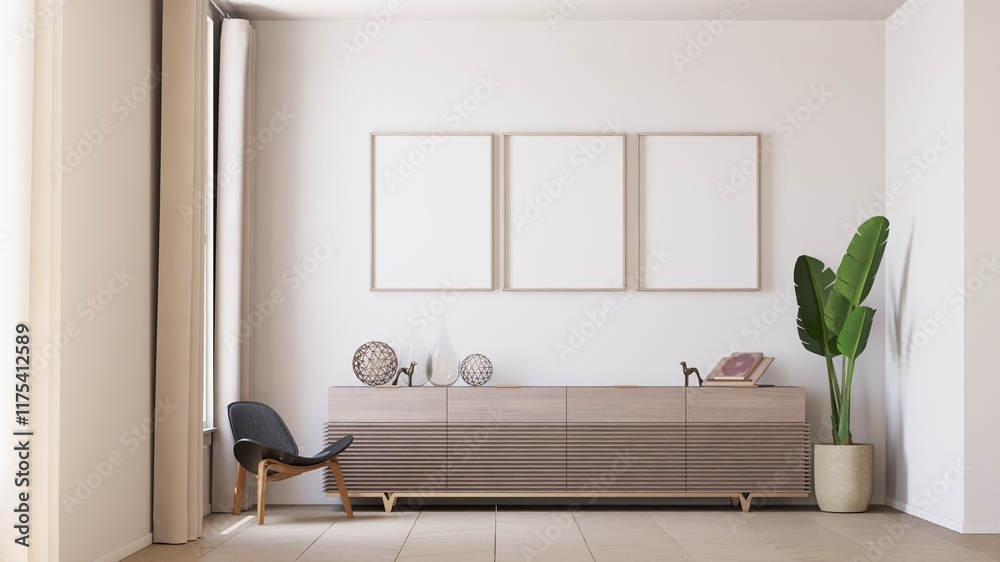 Fototapeta premium three framed poster mockups on the wall in simple living room interior background with red credenza. 3d illustration