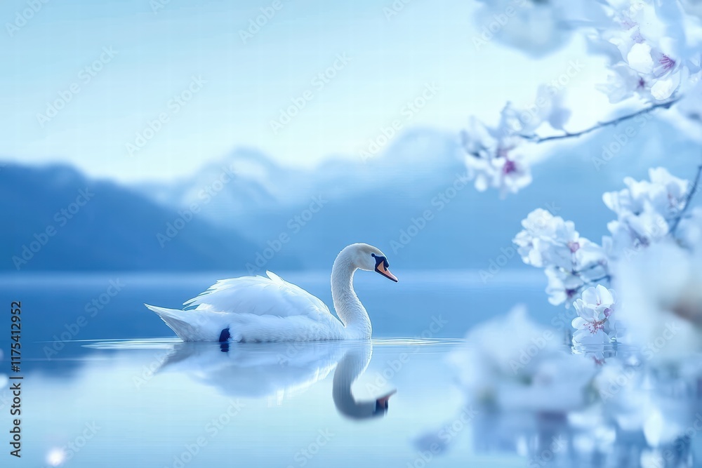 Obraz premium Elegant Swan Swimming on Tranquil Water with Blossoms in Background