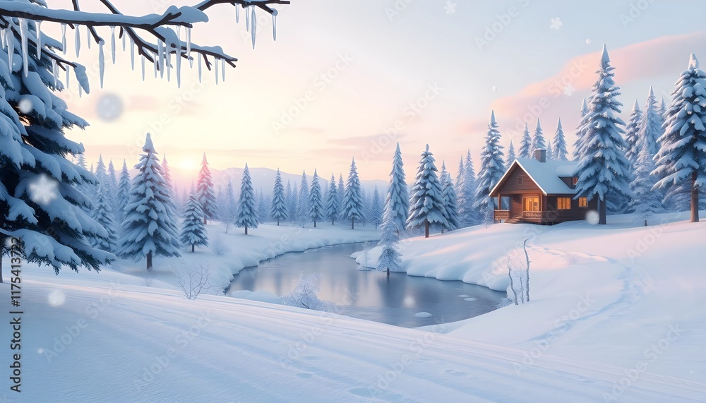 Fototapeta premium Serene Winter Cabin in Snowy Forest at Sunrise