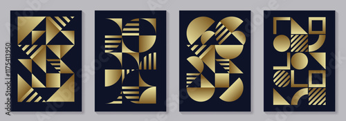 Set of gold and black geometric vector pattern posters with 20s geometric design. Trendy bauhaus pattern background for cover design, poster and interior. Retro illustration.