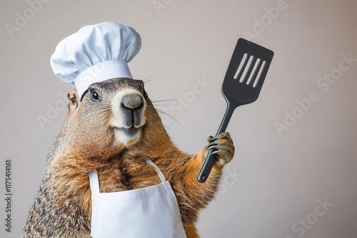 A groundhog in a chef s hat holding a spatula with blank area for text, funny cooking meme graphic, bold photo