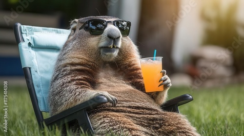 A groundhog sitting in a lawn chair with sunglasses and a drink, blank space for text overlay, relatable meme graphic, relaxed tones