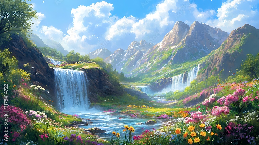 Fototapeta premium painting of a waterfall in a mountain valley with flowers and trees