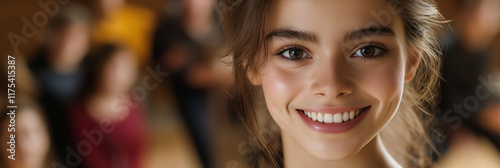 A young woman with expressive eyebrows and sparkling smile looks directly at the camera, radiating warmth and friendliness with a blurred crowd in the background. photo