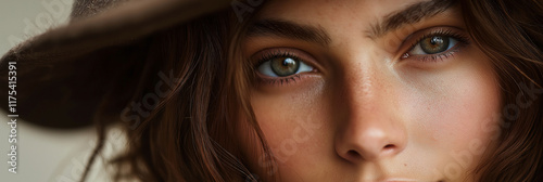 A close-up shot of a young woman’s face showing her captivating eyes beneath a stylish hat, inviting intrigue and beauty in a natural and intimate setting. photo