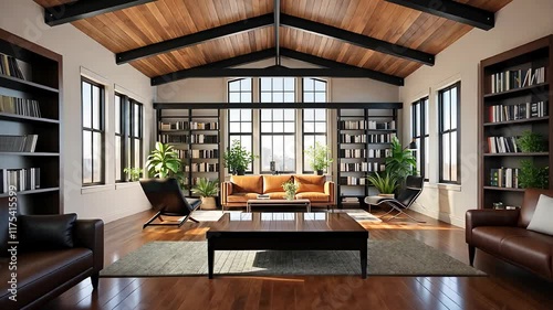 Stylish Loft Living Room with Vaulted Wooden Ceiling, Large Windows, Modern Furniture, and Built-in Bookshelves

 photo